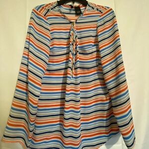 New Directions Blue and Orange Striped Blouse